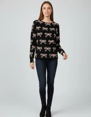 STYLE 900785, LADIES BOAT NECK PULLOVER WITH BOWS JACQUARD PATTERN in BLACK:IVORY