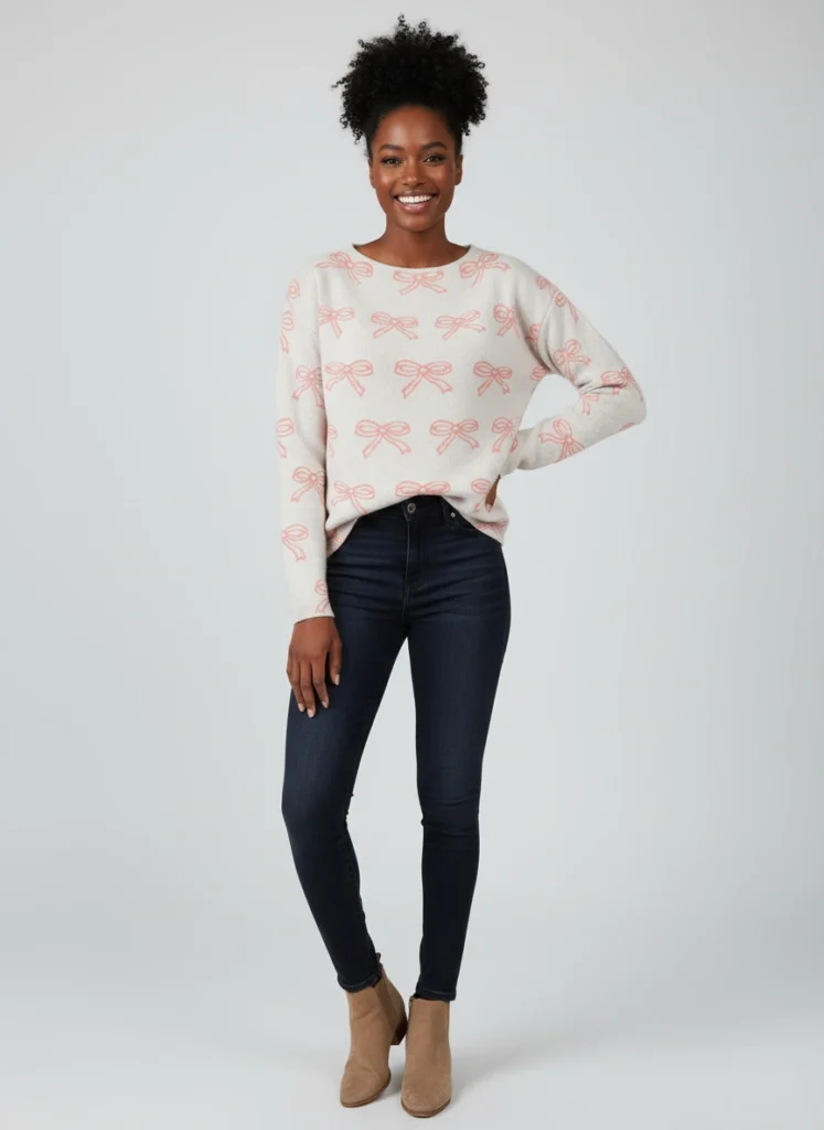 STYLE 900785, LADIES BOAT NECK PULLOVER WITH BOWS JACQUARD PATTERN in IVORY:PEACH